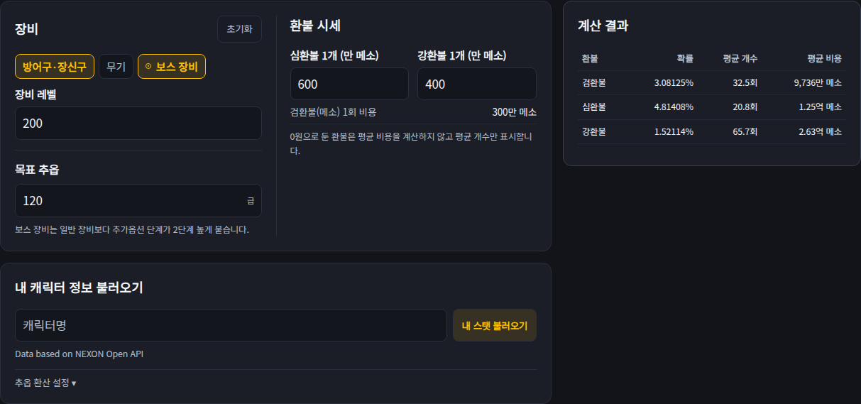 장비 레벨·목표 급·불꽃 시세를 설정한 화면. 가격은 설명용 예시이며 실제 시세가 아닙니다.