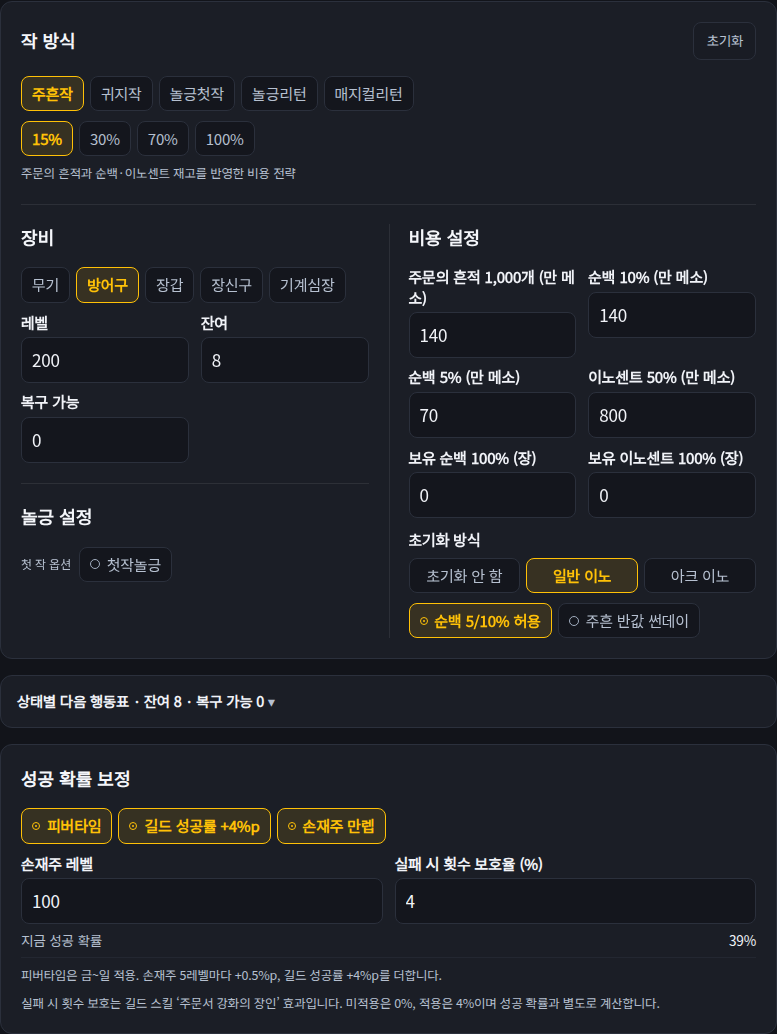 주흔작의 장비 상태·확률 보정·재료 조건을 설정하는 화면.